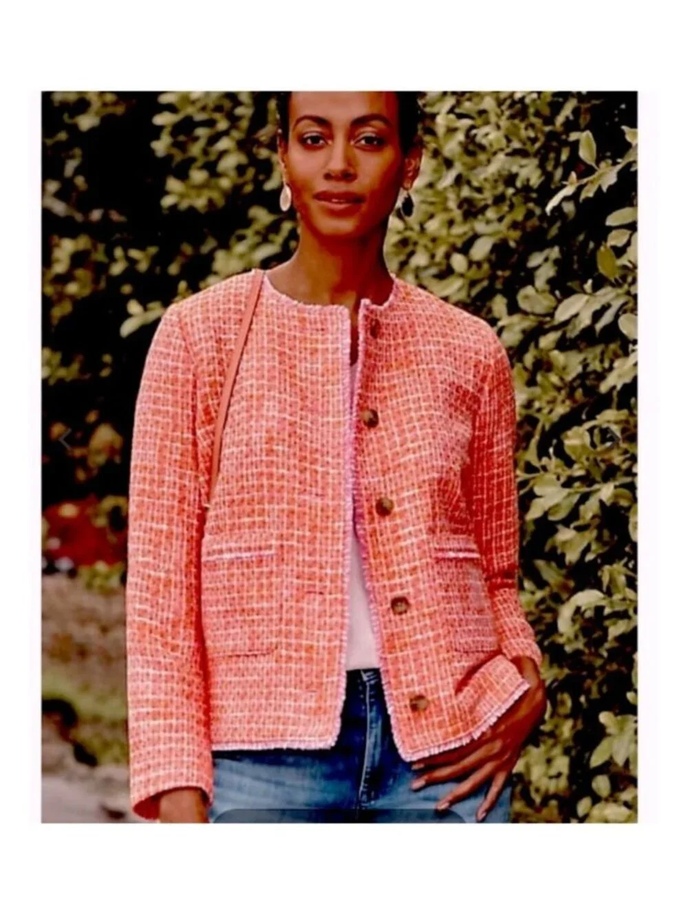 J. Jill Coral Pink Tweed Textured Jacket Fringe Trim Cotton Blend XL - Picture 2 of 8